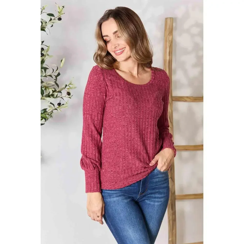 Double Take Ribbed Round Neck Lantern Sleeve Blouse - Picture 2 of 15